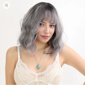 New 16-inch Ombre Grey Curly Bob with Bangs (Synthetic Wig)